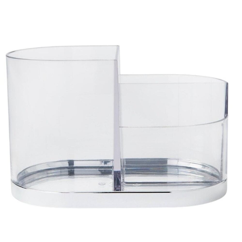 Accent Vanity Organizer – Silver Plastic Cosmetic Holder – 3 Compartments